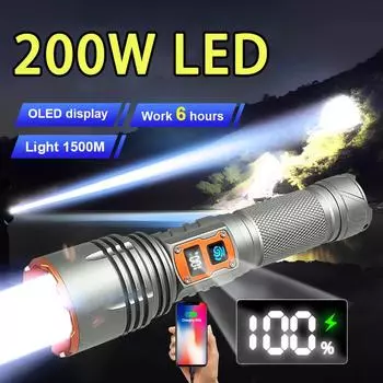 Мощный светодиодный фонарик 200 Вт, 500000 лм, фонарик с возможностью масштабирования, перезаряжаемый фонарик, водонепроницаемый, суперяркий фонарь A-Flashlight