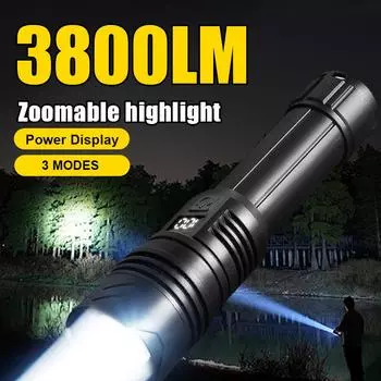 Мощный светодиодный фонарик 3800LM, перезаряжаемая через USB лампа, масштабируемый фонарь, водонепроницаемый портативный рабочий фонарь чёрный