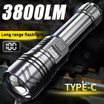 Мощный светодиодный фонарик 3800LM, супер яркий USB-аккумуляторный фонарь, водонепроницаемый портативный фонарь для семейного использования чёрный