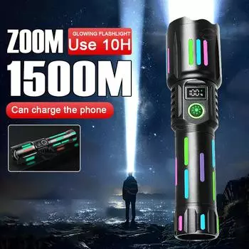 Мощный светодиодный фонарик, сильный свет, дальний зум-фонари на 1500 м, перезаряжаемый USB-фонарь для охоты, рыбалки, ручная лампа no battery