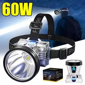 Мощный светодиодный налобный фонарь 60 Вт, перезаряжаемые мощные налобные фонари, высокая яркость, аварийная зарядка, уличный налобный фонарь, рыболовная лампа white light