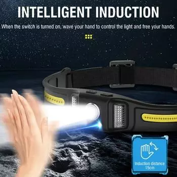 Мощный светодиодный налобный фонарь COB 3000LM, индукционный налобный фонарь, силиконовый, USB-C, перезаряжаемый, для кемпинга, рыбалки 1000LM