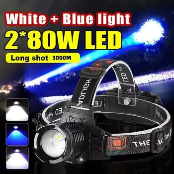 Мощный светодиодный налобный фонарь Масштабируемый ручной фонарь Регулируемый налобный фонарь Водонепроницаемый синий и белый свет Ручной фонарь Охотничий налобный фонарь no battery чёрный