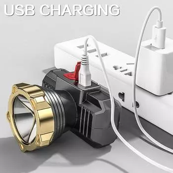 Мощный светодиодный налобный фонарь с USB-перезаряжаемым налобным фонарем со встроенным аккумулятором, водонепроницаемый налобный фонарь чёрный
