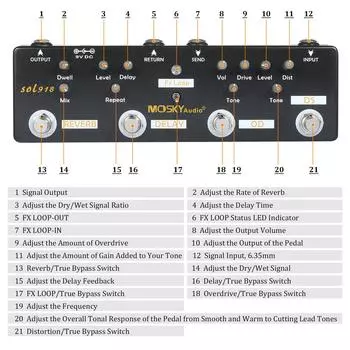 MOSKY Audio SOL918 5-в-1 педаль мультиэффектов Комбинированная педаль эффектов для гитары True Bypass Multi-in-one чёрный
