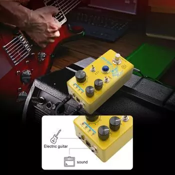 MOSKYAudio Distortion/Overdrive/Preamp Педаль эффектов для гитары, 4 переключателя режимов и регуляторы уровня/усиления жёлтый