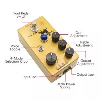 MOSKYAudio Overdrive/предусилитель/усилитель гитарных эффектов, 4 переключателя режима клиппирования и выход/высокие частоты/усиление жёлтый