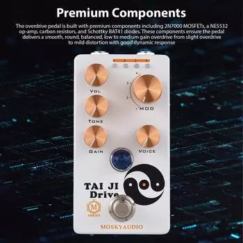MOSKYAUDIO TAI JI DRIVE Гитарный овердрайв Педаль эффектов Громкость/Тон/Усиление/Голос/4-Режимный Регулятор DC 9V белый