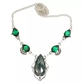 Moss Agate Emerald Gemstone Mother s Day Silver Jewelry Necklace 20 in