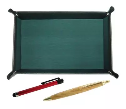 moss green cowhide leather pen tray with red metal touch stick and retro maple wood ballpoint pen set Japanese-made (TRAMG-ALR-HS47S)