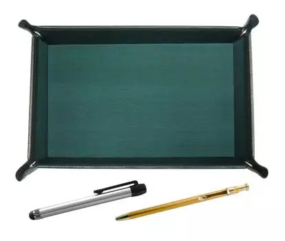 moss green cowhide leather pen tray with a set of 60 gold ballpoint pens and a silver metal touch pen holder Japanese-made (TRAMG-ALST-SV60KBP)