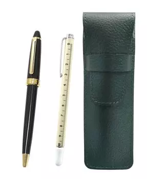 Moss green grained leather pen case with slide measuring stick and Neo ballpoint pen black D-600 set, SASMG-708W-600B-B