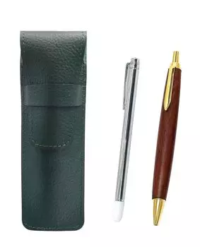 Moss green grained leather pen case with a metal pointer and brown wooden retro ballpoint pen set (SASM-701S-HS48S)