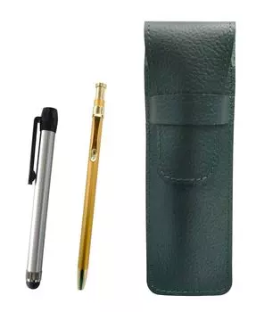 Moss green grained leather pen case with a set of silver pens and a slim 60 ballpoint pen in gold metal-touch (SASM-ALST-SV60KBP)