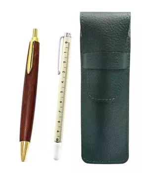 Moss green grained leather pen case with slide measuring tape and brown wooden retro ballpoint pen set (SASM-708W-HS48S)