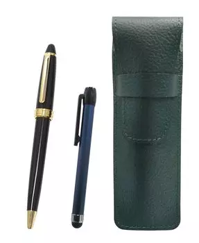 Moss green grained leather pen case with a blue metal touch stick and a black Neo ballpoint pen set D-600 (SASM-ALL-600B-B)