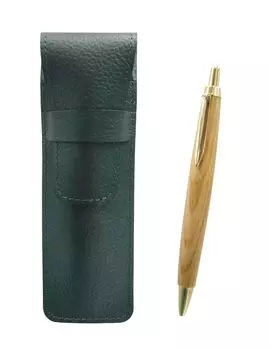 Moss green grained leather pen case with retro maple wood barrel ballpoint pen set (SASM-HS47S)