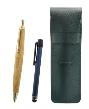 Moss green grained leather pen case with blue pen and retro maple wood ballpoint pen set metal-touch (SASM-ALL-HS47S)
