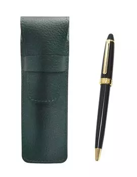 Moss Green Grained Leather Pen Case with Neo Ballpoint Pen Set Two-pack D-600 (Black) (SASM-600B-B-2)