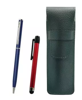 Moss green grained leather pen case with red metal touch stick and blue slim rotating ballpoint pen set (SASM-ALR-PD04-L)
