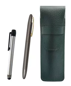 Moss green grained leather pen case with silver bar and brass da capo ballpoint pen set with gray barrel metal-touch clip, (SASMG-ALST-TK11-H)