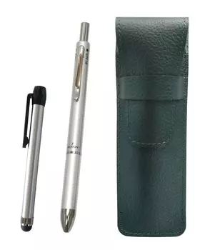 Moss green grained leather pen metal touch silver stick and silver set case, 3-mecha SASMG-ALST-3MS