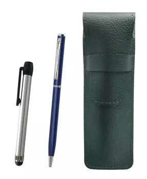 Moss Green Grained Leather Pencil Case with Metallic Silver Stick and Slim Rotating Ballpoint Pen Set Two-Pack (Blue) (SASMG-ALST-PD04-L-2)