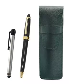 Moss Green Grained Leather Pencil Case with Metal Touch Silver Rod and Neo Ballpoint Pen Set Two-Pack D-600 (Black) (SASM-ALST-600B-B-2)