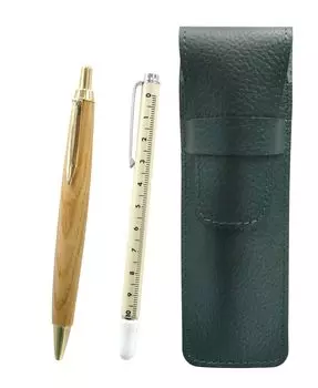 Moss Green Grained Leather Pencil Case with Slide Measuring Stick and Retro Maple Ballpoint Pen Set (SASMG-708W-HS47S)