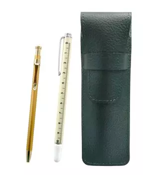 Moss Green Grained Leather Pencil Case with Slide Measuring Stick and Slim 60 Gold Ballpoint Pen Set (SASM-708W-SV60KBP)