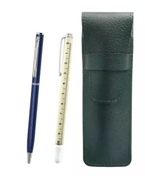 Moss green grained leather pencil case with a slide measuring tape and a slim rotating ballpoint pen set (blue) (SASM-708W-PD04-L)