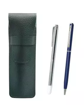 Moss green grained leather pencil case with a metal pointer and a slim rotating ballpoint pen set (blue) (SASM-701S-PD04-L)