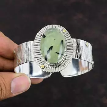 Браслет из мха и пренита, браслет-манжета ручной работы, настоящие драгоценные камни, изящный браслет из стерлингового серебра 925 пробы, регулируемый браслет, подарки для жены