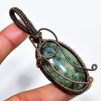 Moss Prehnite Gemstone Handmade Copper Wire Wrap Jewelry Pendant 2.96 2.96 зелёный