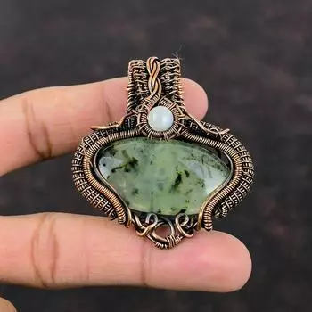 Moss Prehnite Pendant Copper Wire Wrapped Jewelry Gemstone Pendant Handmade Rainbow Moonstone Pendant Gift For Mom Copper Wire Wrap Pendant