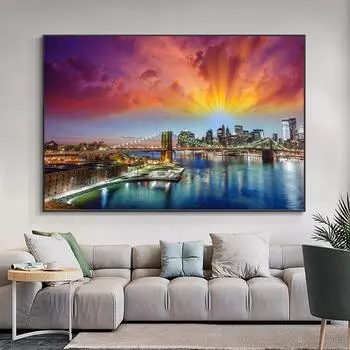 Мост Ночной Вид Пейзаж Холст Картина Нью-Йорк Плакат и принты Настенные Художественные Фотографии Гостиная Домашний Декор Без Рамки 21cm30cm NoFrame