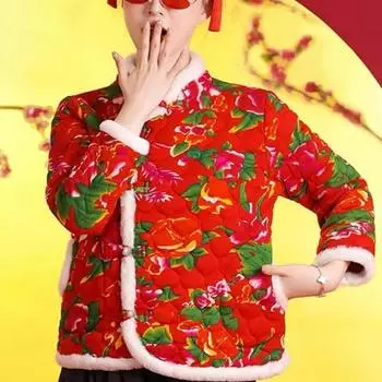 Мать установила зимнее этническое ветровое теплое маленькое ватное пальто китайский костюм Тан ципао поднос пряжка меховой воротник кардиган ватная куртка XXXXL красный