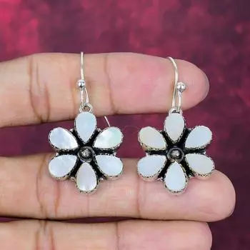 Mother of Pearl Handmade Gemstone Jewelry, 925 Solid Sterling Silver Earrings Antique Jewelry 1.77 Inches