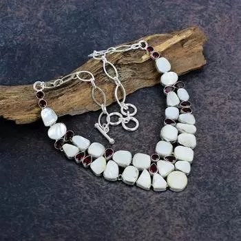 Mother Of Pearl, Red Garnet Necklace Jewelry, 925 Sterling Silver Gemstone Necklace Jewelry, Handmade Wonderful Unique Jewelry Adjustable with 18 inches белый