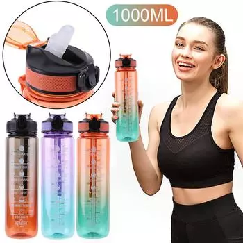 Мотивационная бутылка для воды 1000 мл, герметичные многоразовые бутылки для воды, большая емкость для путешествий на открытом воздухе, тренажерный зал, фитнес оранжевый