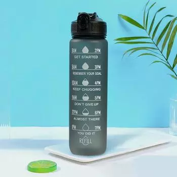 Мотивационная бутылка для воды для фитнеса и спорта, 32 унции/1000 мл, с маркером времени и соломинкой, большая, с широким горлышком, герметичная, прочная One Size чёрный