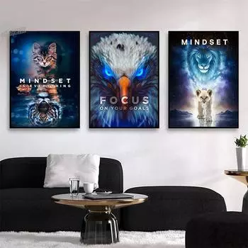 Мотивационные цитаты с животными, кошкой, тигром, львом, орлом, холст, картина, мышление - это все, сосредоточьтесь на своих целях, плакат, настенная художественная роспись 21x30 No Frame