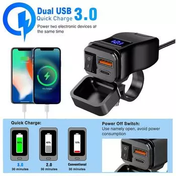 Мотоцикл 60 Вт PD+QC3.0 двойной разъем USB зеркало заднего вида+руль зарядное устройство для телефона адаптер питания типа C с переключателем вольтметра