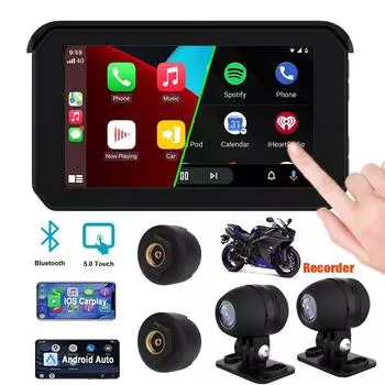 Мотоцикл Carplay IP65 Водонепроницаемый 1080P 5-дюймовый WiFi беспроводной Android-Auto DVR монитор Видеорегистратор Навигация для мотоцикла чёрный
