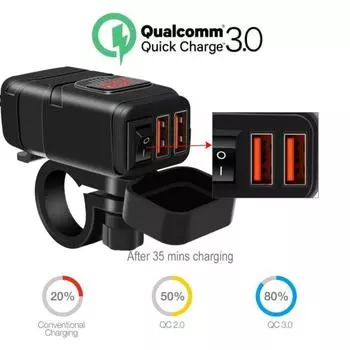 Мотоцикл QC3.0 Быстрая зарядка Двойной USB-адаптер зарядного устройства с вольтметром синий