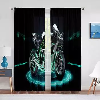 Мотоцикл с крутыми огнями, черные тюлевые шторы для гостиной, для мальчиков, для мужчин, для спальни, современные прозрачные вуалевые шторы, занавески на окна 1 PCS W100XH250cm&Rod Pocket