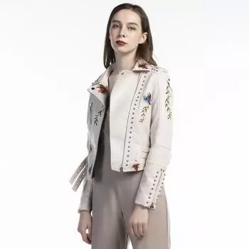 Мотоциклетная черная верхняя одежда в стиле панк с отложным воротником, женская куртка из искусственной мягкой кожи с цветочным принтом и вышивкой, пальто S чёрный