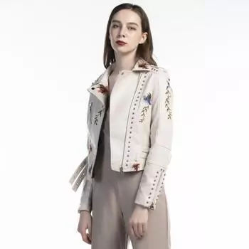 Мотоциклетная черная верхняя одежда в стиле панк с отложным воротником, женская куртка из искусственной мягкой кожи с цветочным принтом и вышивкой, пальто S чёрный