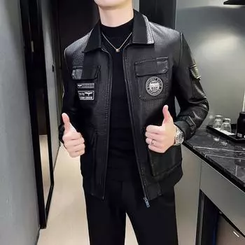 Мотоциклетная кожаная куртка мужская бархатная утолщенная осенняя и зимняя одежда корейский стиль модная кожаная куртка с вышитыми лацканами тонкое пальто M