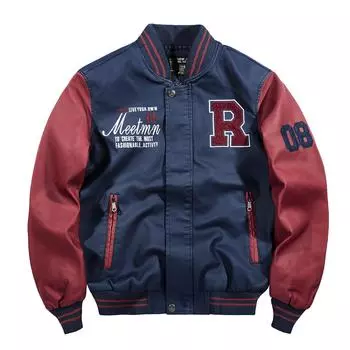 Мотоциклетная кожаная куртка Мужская кожаная куртка Бейсбольная куртка с вышивкой M